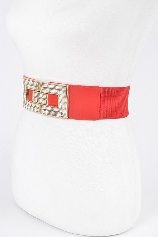 Set of 6 Red Rhinestone Buckles Elastic Belts - 4468