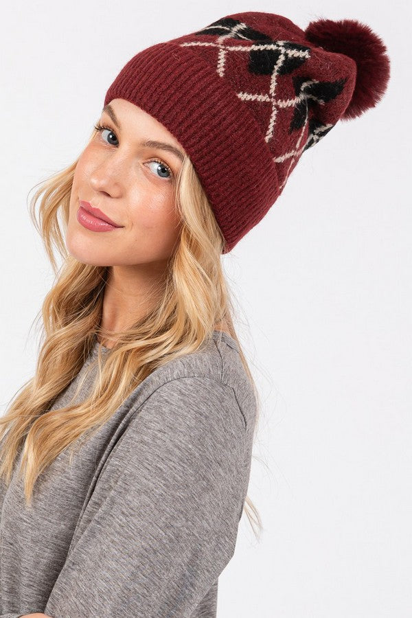Pack of 6 Gray 2810 Wool - Blended Argyle Fleece Pom Pom Beanies