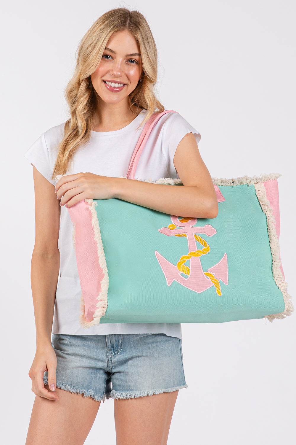 6-Pack Embroidered Anchor Fringe Tote Bags with Magnetic Closure and Inner Pocket