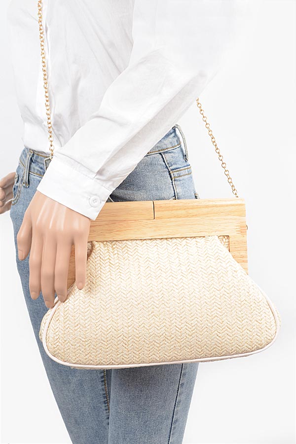 Set of 3 Faux Straw Wood Frame Ivory Clutches - 8706