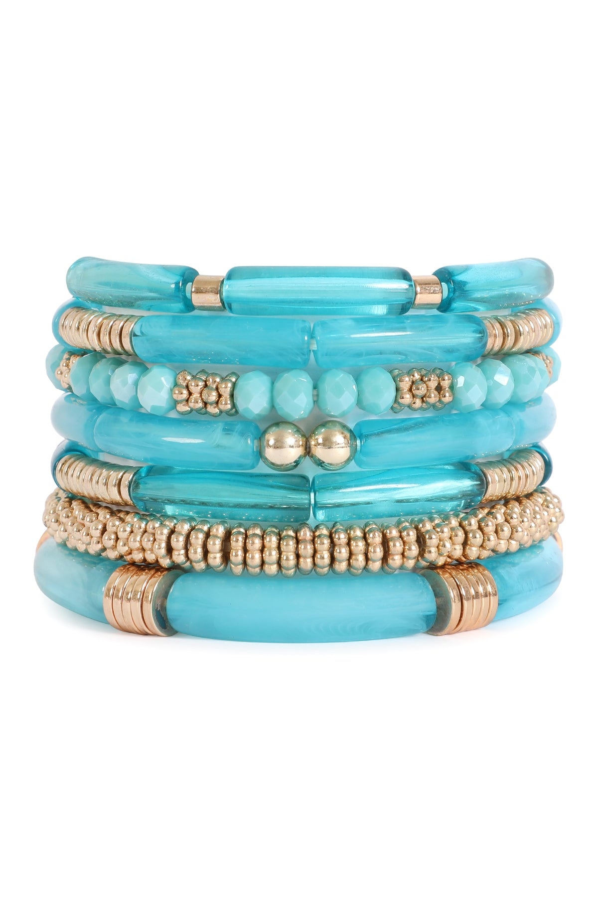 Pack of 6 Stackable Stretch Bracelets in Blue Color Made of Mix Tubular, CCB, Rondelle Beads