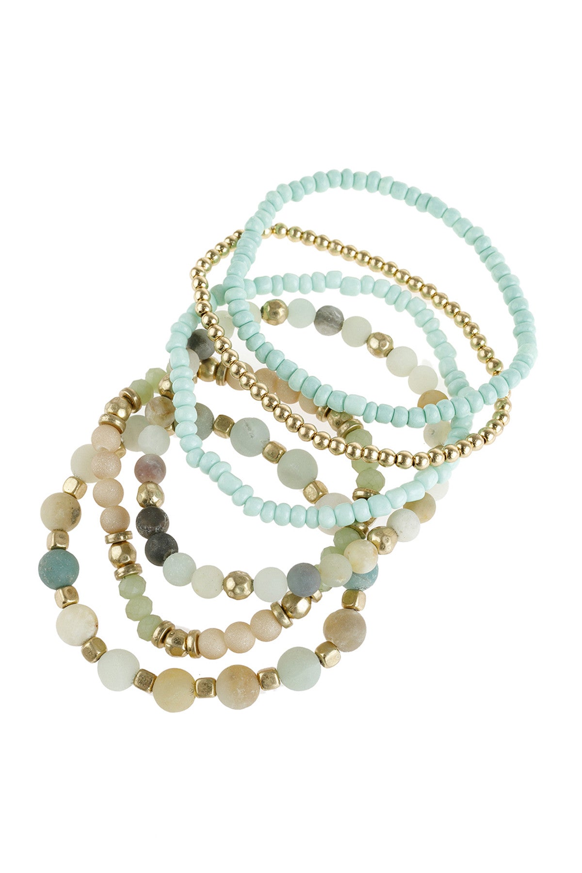 Set of 6 Stretchable Amazonite Natural Stone Mixed Bead Charm Bracelets