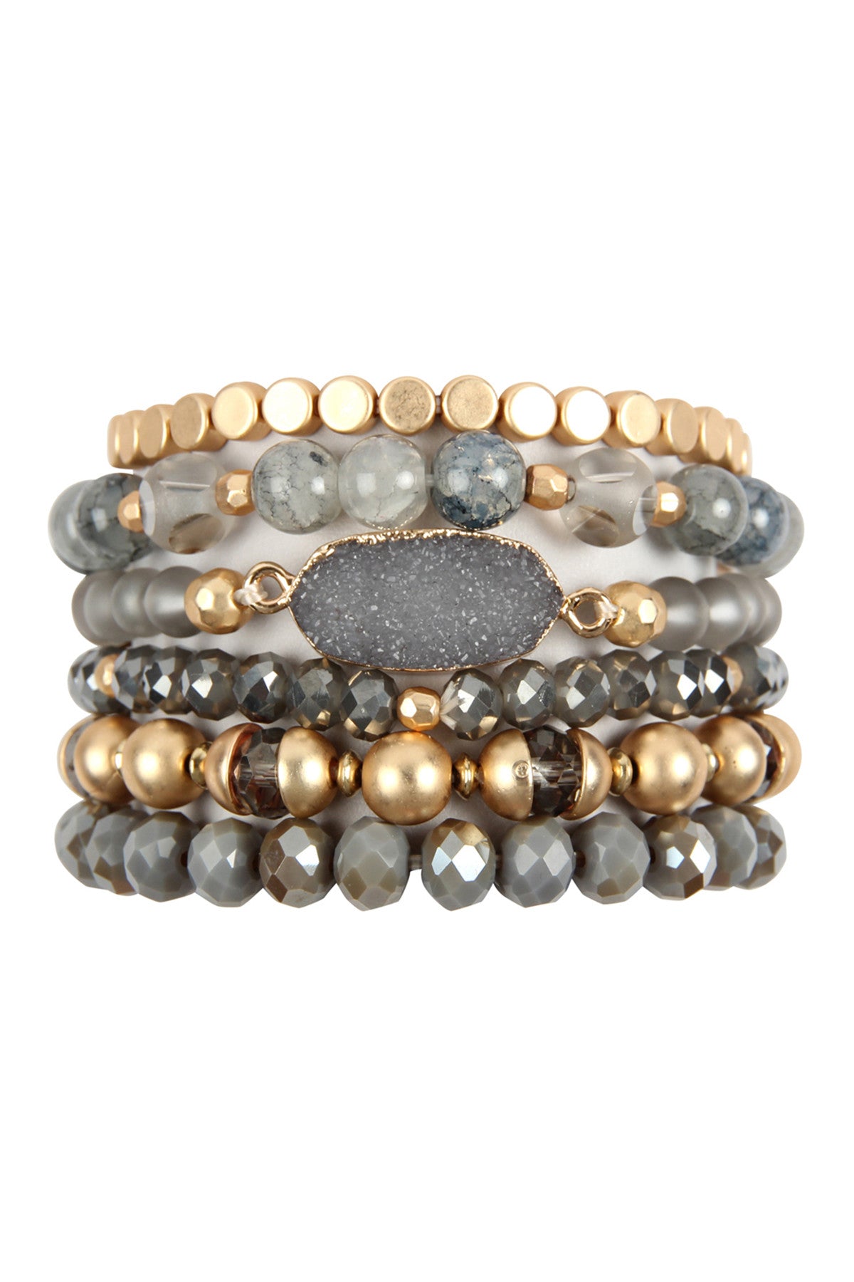 Pack of 6 Light Gray Multi-Line Druzy Stone Charm Bracelets for Fashion Accessories