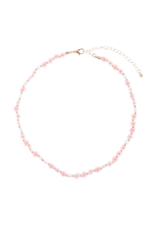 Pink Flower Seed Bead Stationary Necklaces - Set of 6
