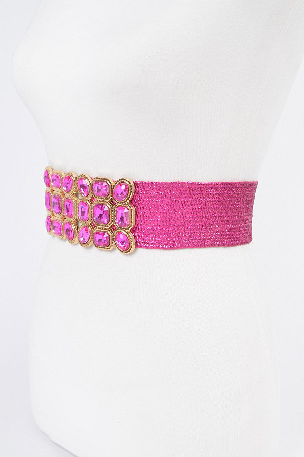 Pack of 6 Multi - Stone Metallic Straw Stretch Belts in Fuchsia Color 4578