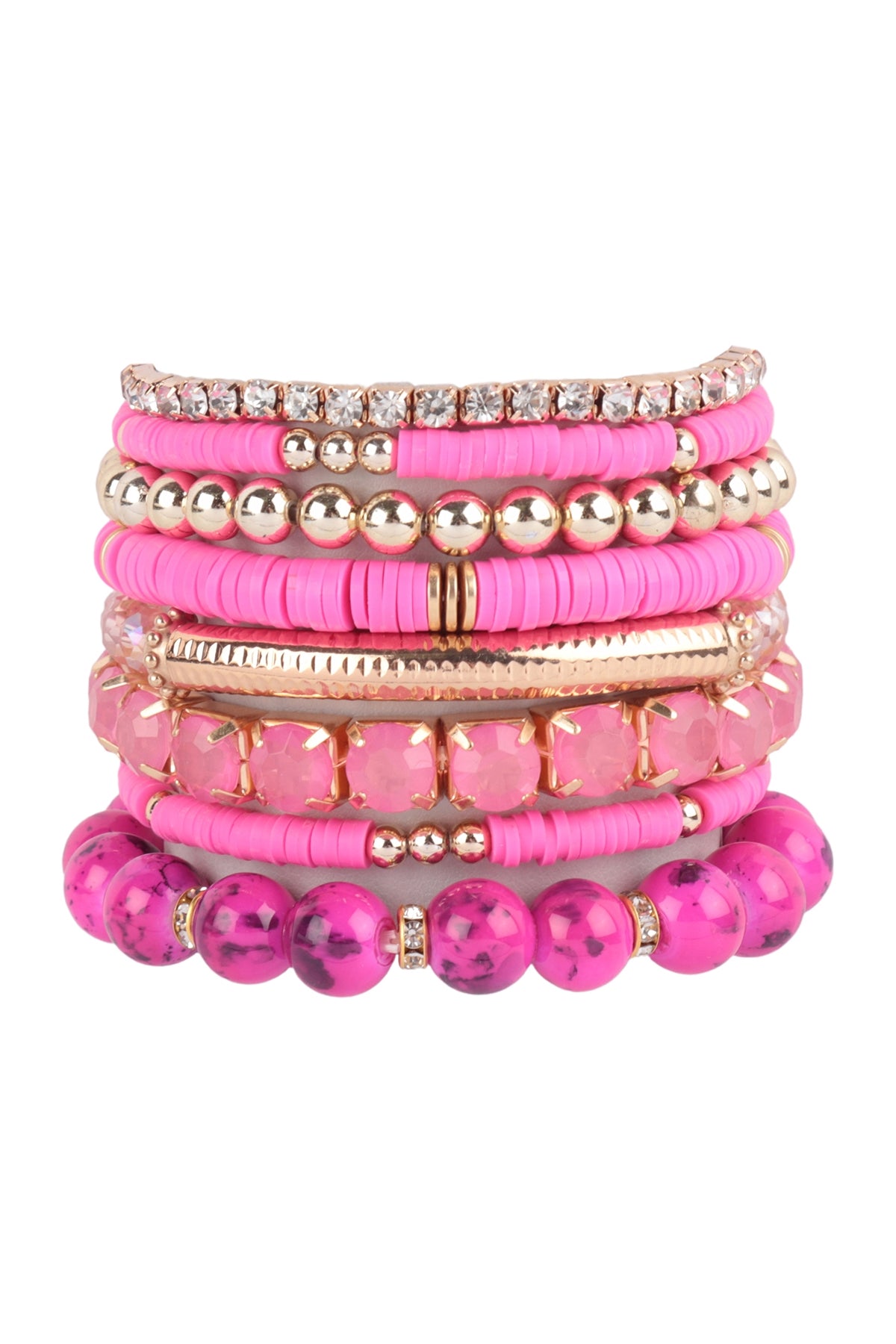 Fashionable FIMO CCB Mixed Bead Charm Stretchable Bracelet in Fuchsia Color - Set of 6 Pieces