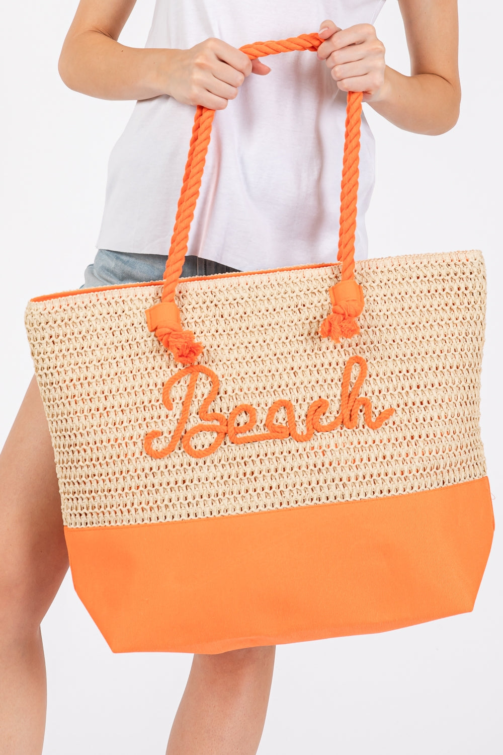 Set of 6 Orange Fabric Tote Bags with Color - Sewn Beach Letters and Straps Made by Crochet