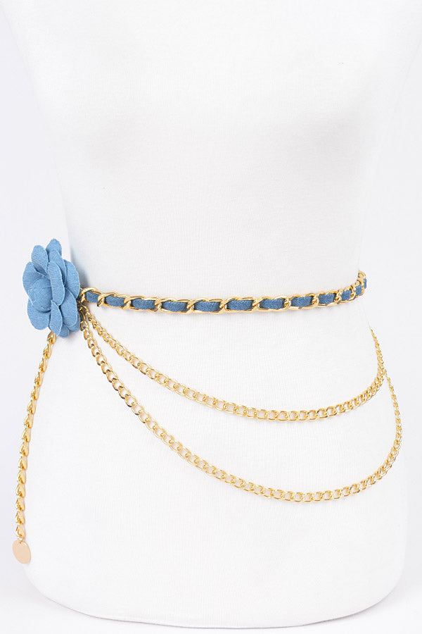 6 - Piece Set of Blue and Gold Flower Metal Double - Layered Chain Belts
