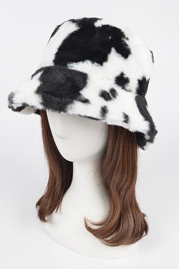 Set of 6 Cow Print Fur Bucket Hats in Black Color 4261