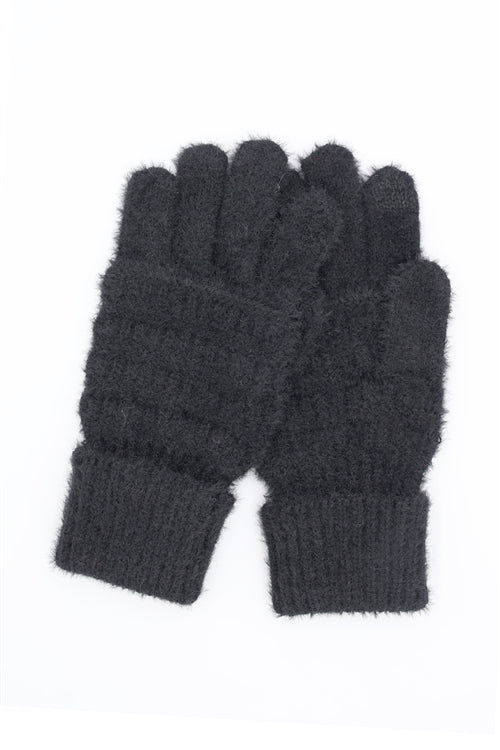 Black Fuzzy Cable Knit Smart Touch Gloves - Pack of 6