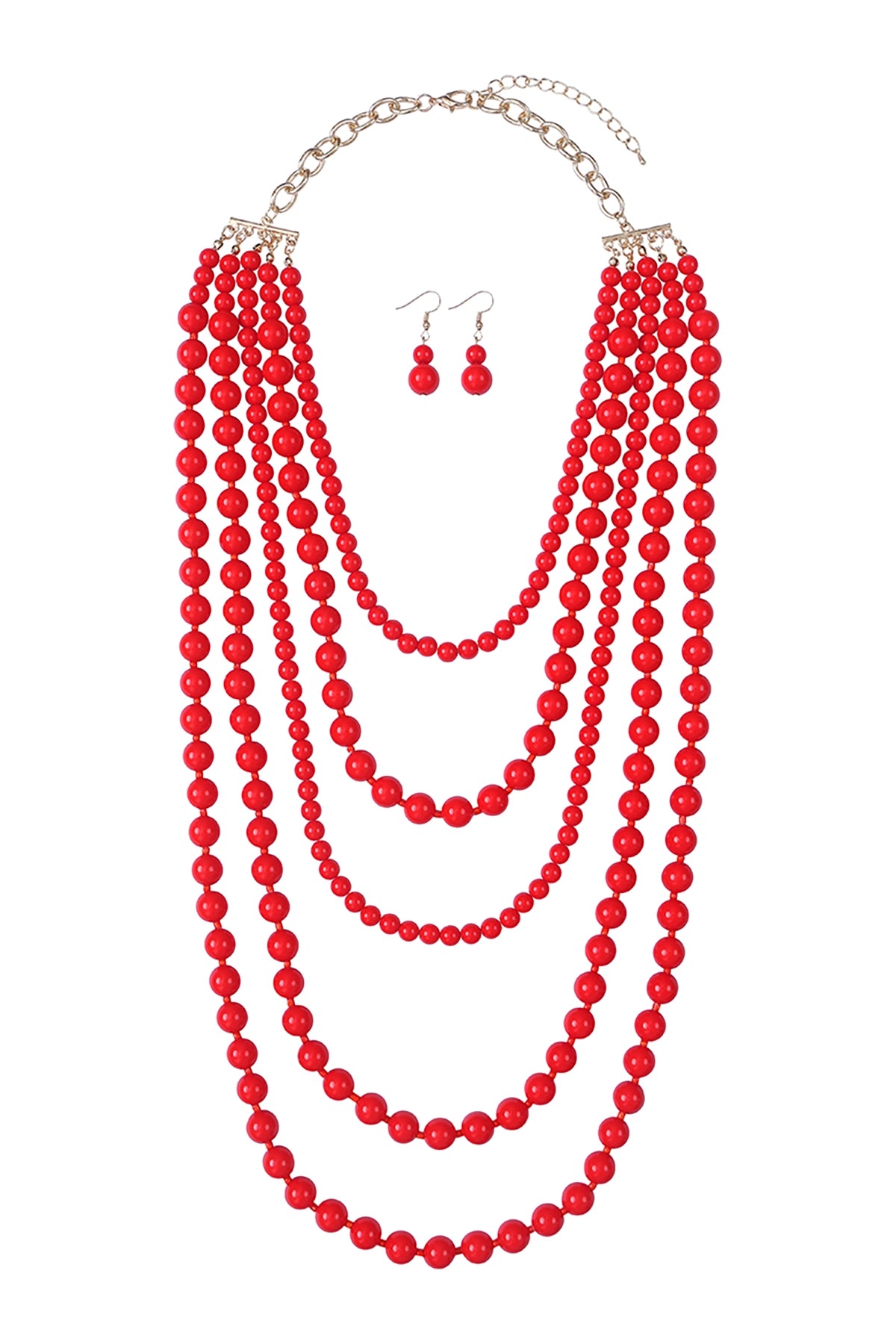 Stylish Red Multi - Layered Beads Necklace and Earrings Jewelry Set - Pack of Six Pieces
