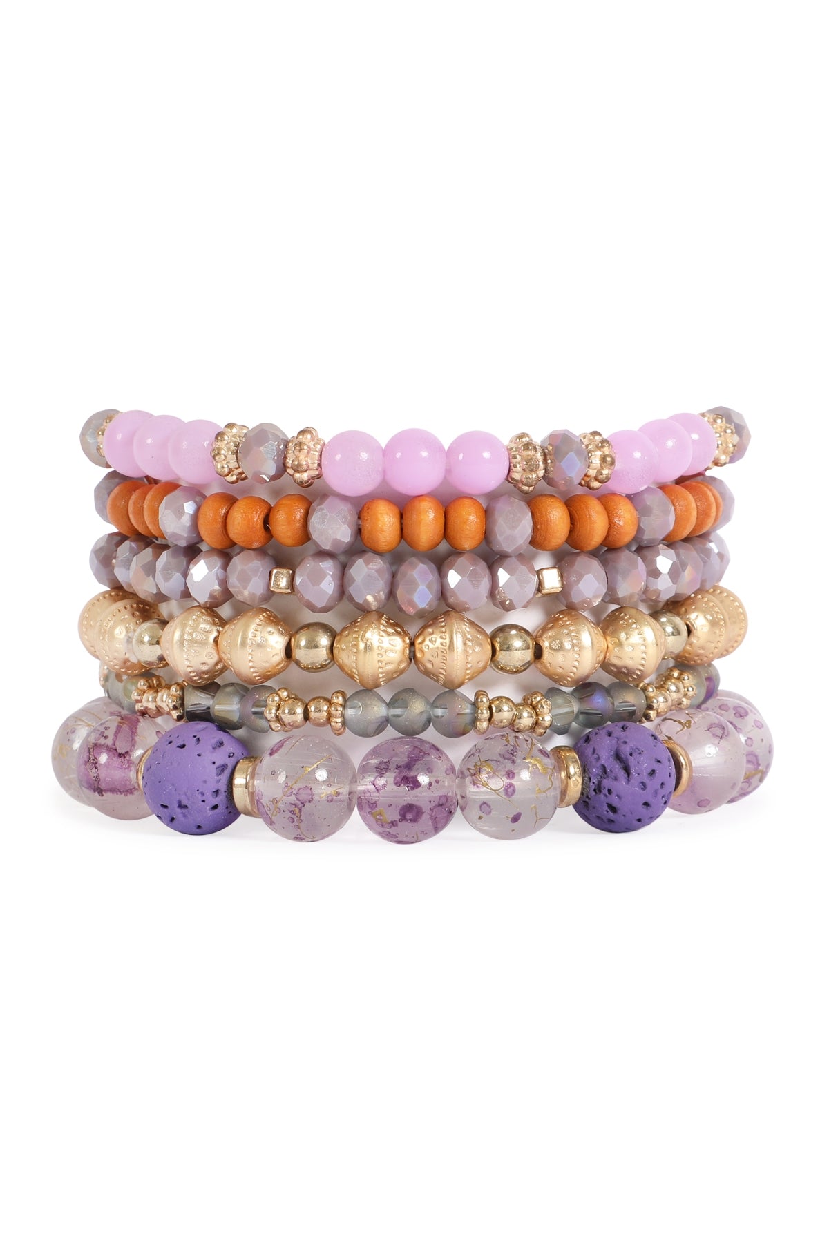 Multilayer Stretch Purple Charm Mix Beads Bracelet - Pack of Six Fashionable Jewelry Items