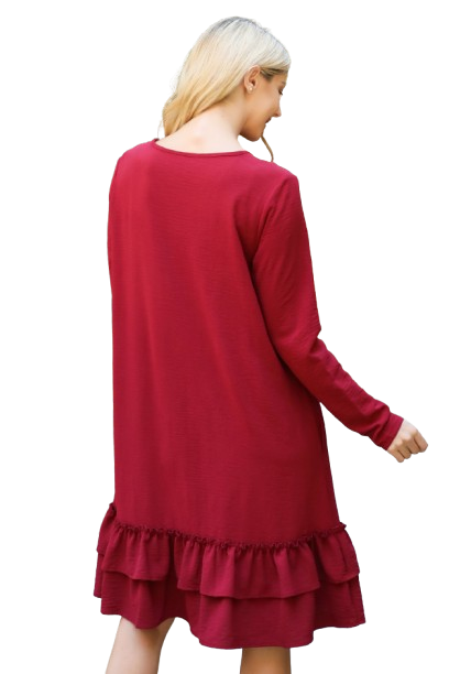 Wine-colored Long Sleeve Woven Dress with Flat Merrow Detail Hem - Set of Four Pieces