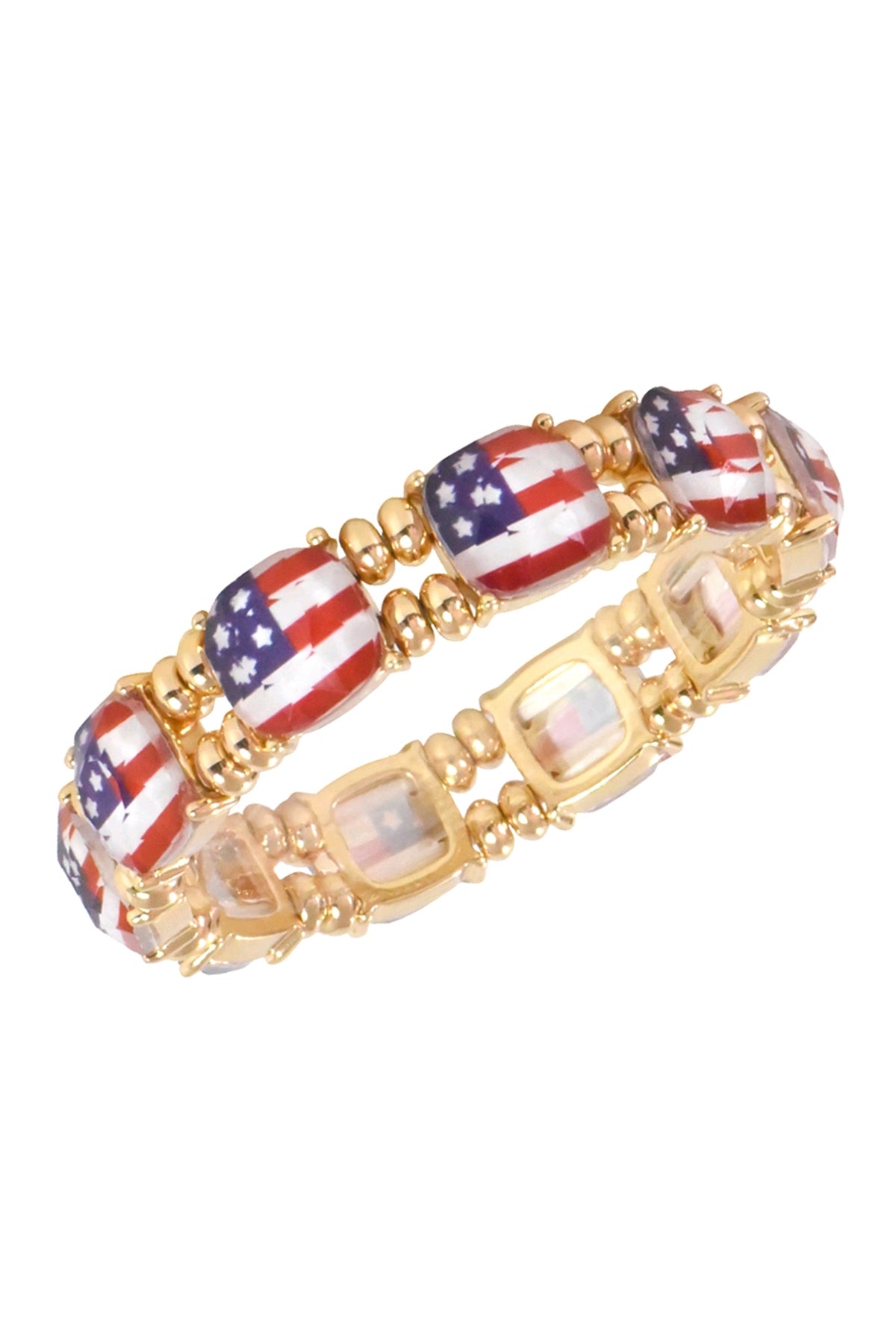 Multicolored Gold Cushion Cut America Flag Beaded Stretch Bracelet - Set of 6 Pieces