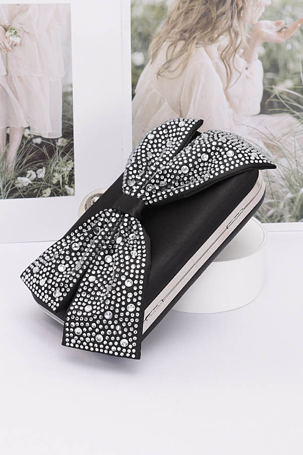 Set of 3 Stylish 1626 Black Rhinestone Hotfix Ribbon Nylon Hard Case Clutches