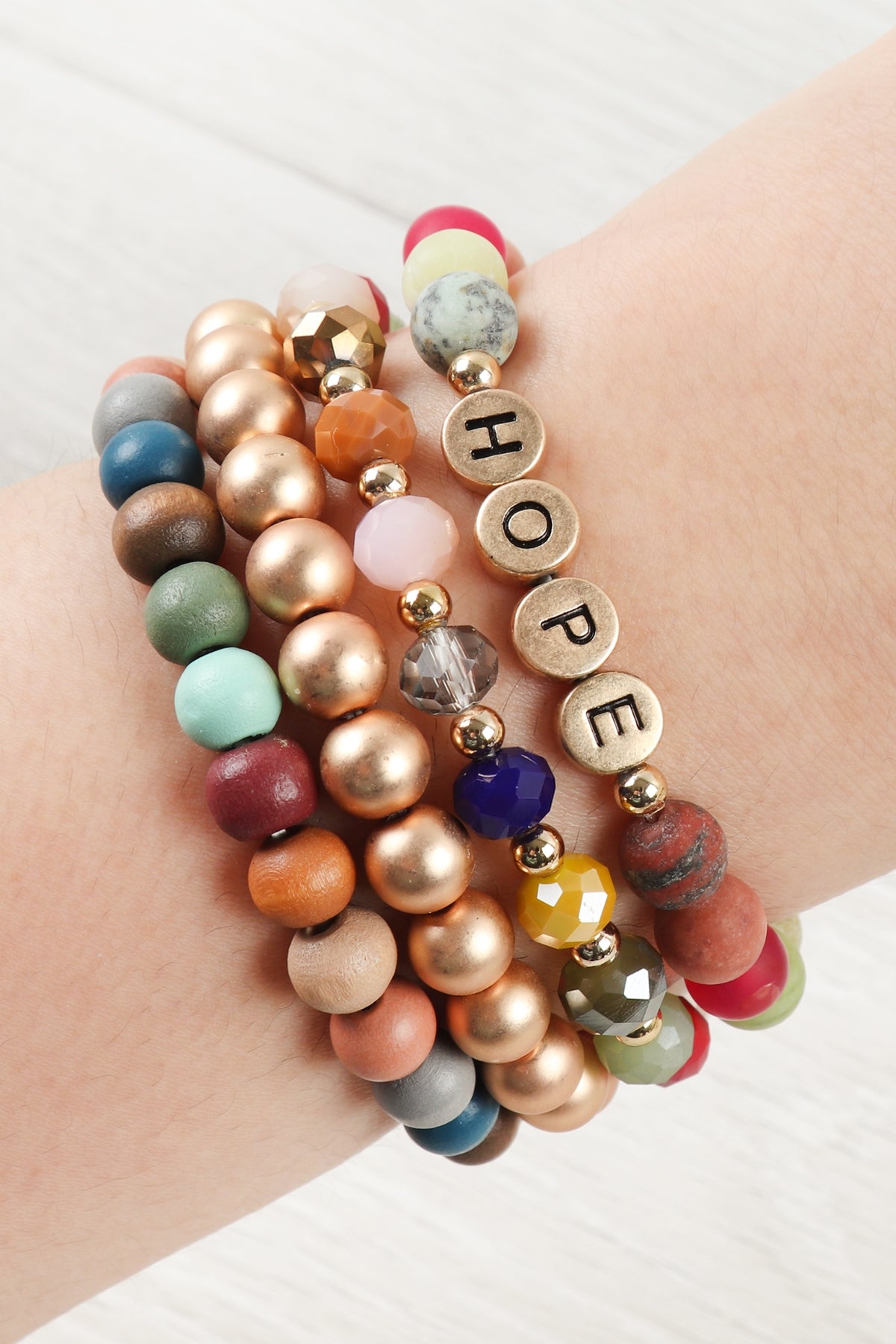 Multicolor Hope Charm Beaded Stretch Bracelets - Set of 6