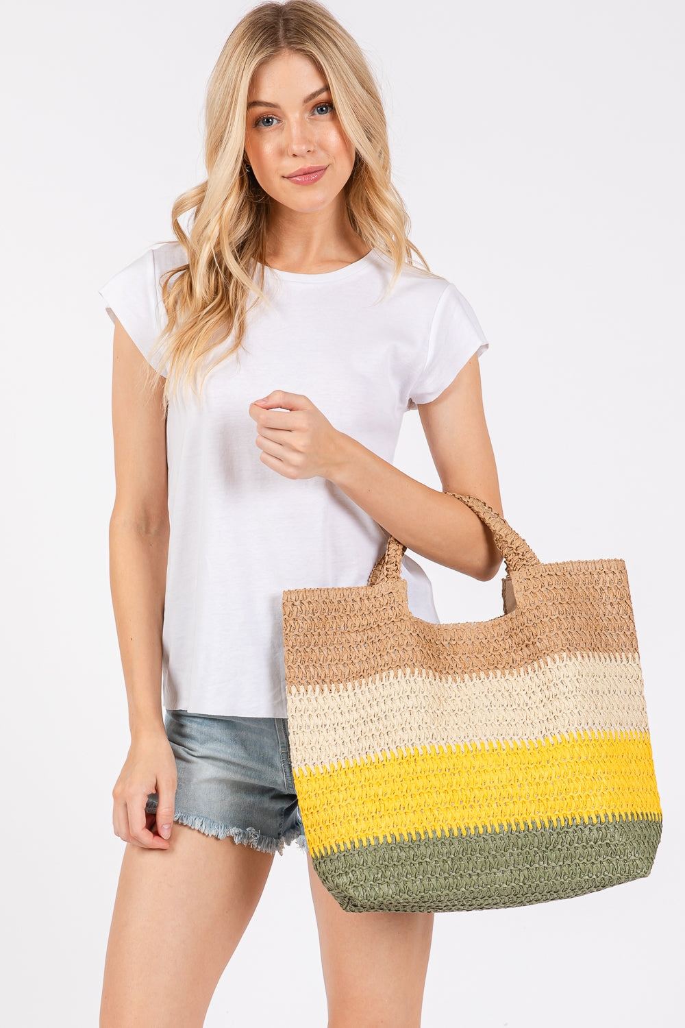 Set of 6 Mustard Multicolor Striped Tote Bags with Magnetic Closure and Inner Pocket for Convenient Carrying