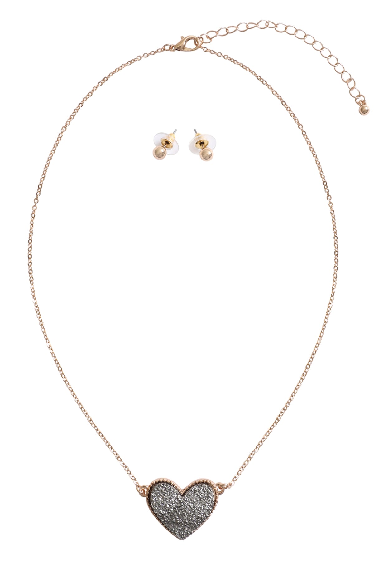 Valentine's Day Heart-shaped Druzy Gemstone Pendant Necklace and Earring Jewelry Set with Hematite - Pack of Six Pieces