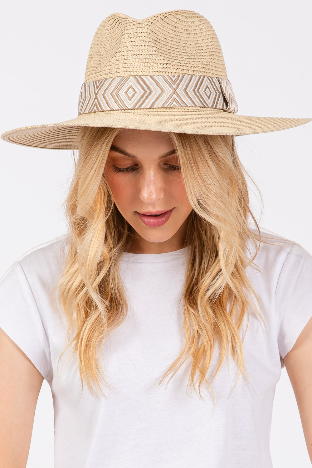 Beige Tribal Aztec Pattern Straw Sun Hats - Pack of 6