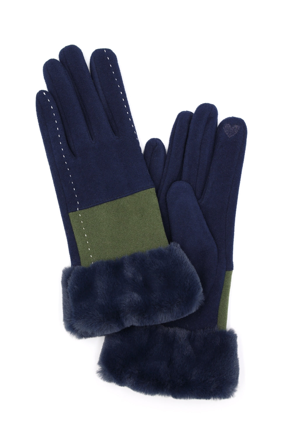 Navy Smart Touch Faux Fur Cuff Gloves with Two - Tone and Stitch Lines - Pack of 6