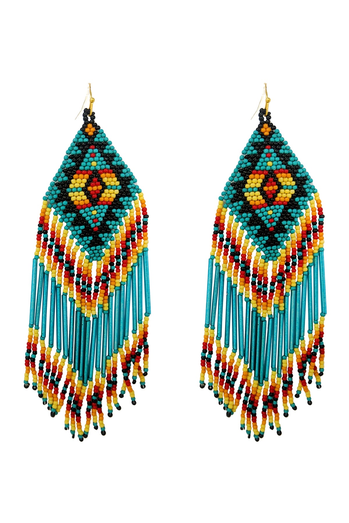 Turquoise Western Aztec Boho Style Geometric Shaped Fringe Seed Bead Earrings - Multi - Pack of Six Pieces