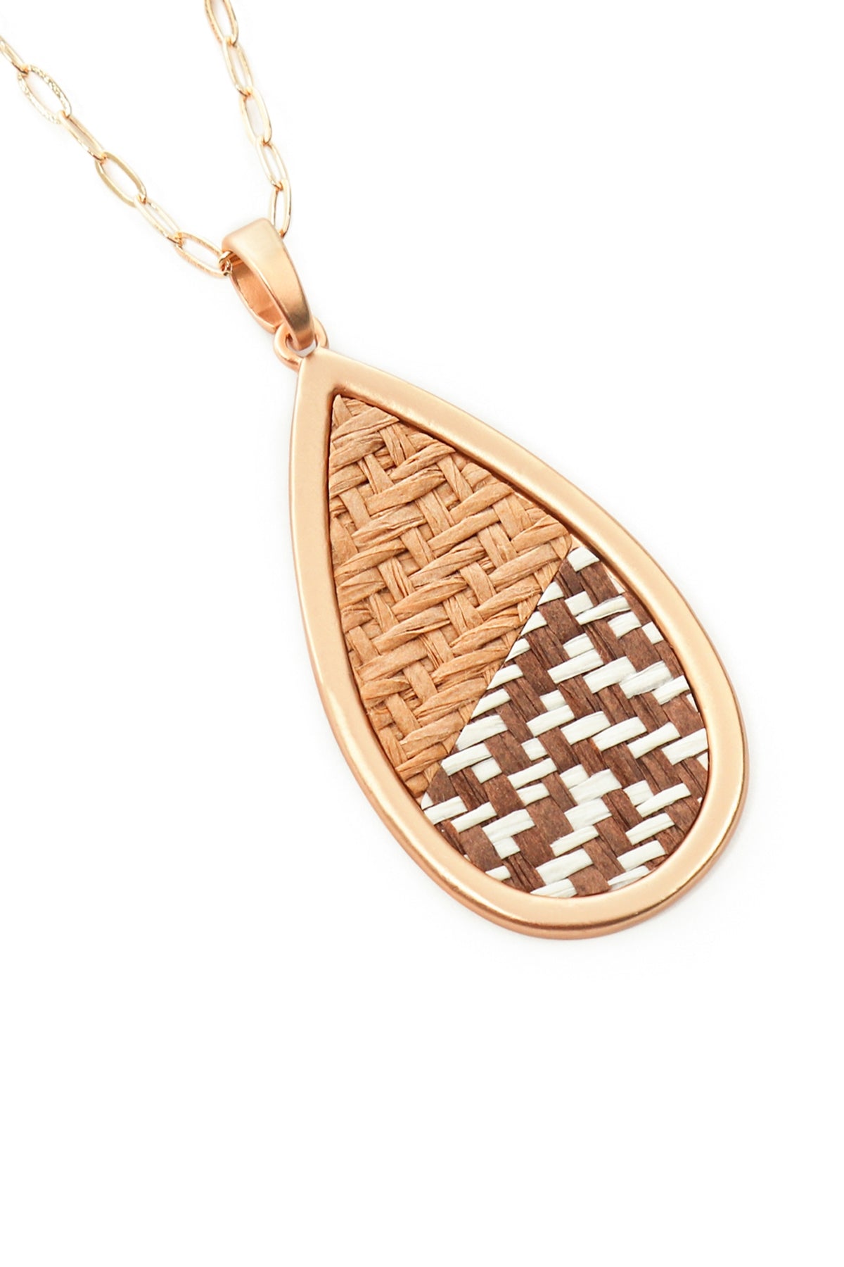 Matte Gold - Brown Teardrop - Shaped Rattan Pendant Necklaces, Set of 6
