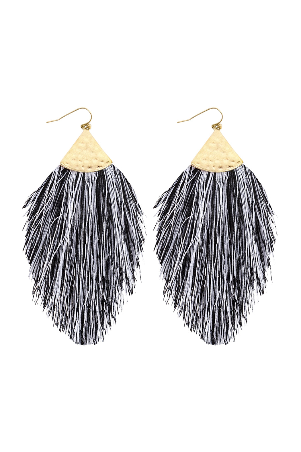 Set of 6 White and Gray Tassel Drop Earrings with Hammered Metal Hooks
