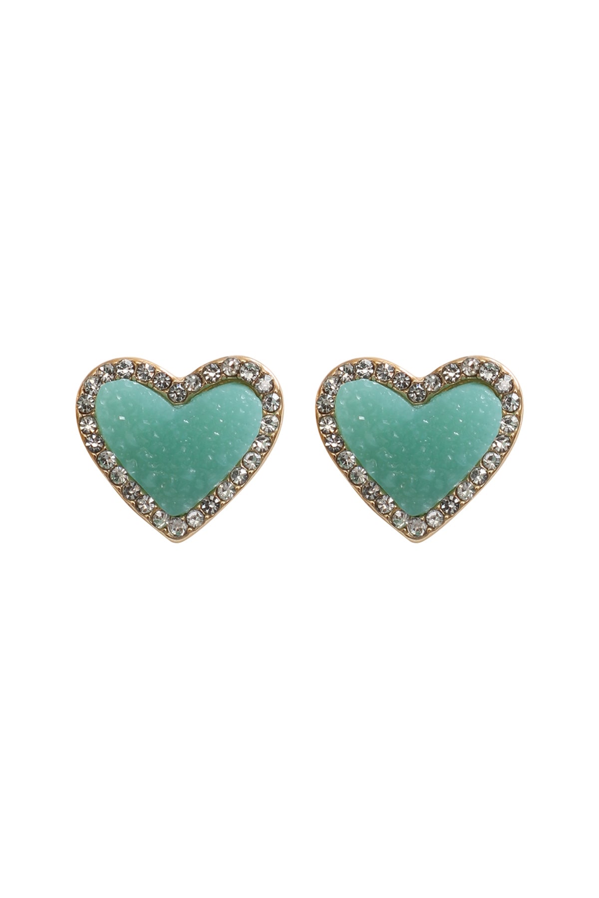 Aqua Valentine Heart Druzy and Rhinestone Post Earrings - Set of 6