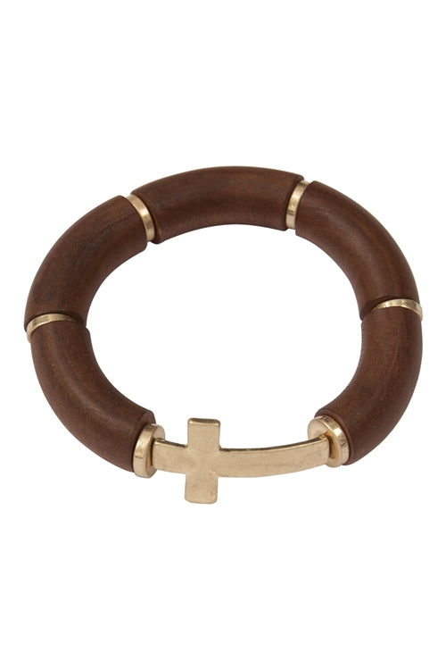 Pack of 6 Dark Brown Tubular Wood Bead Cross Stretch Bracelets for Stylish Wrist Adornment