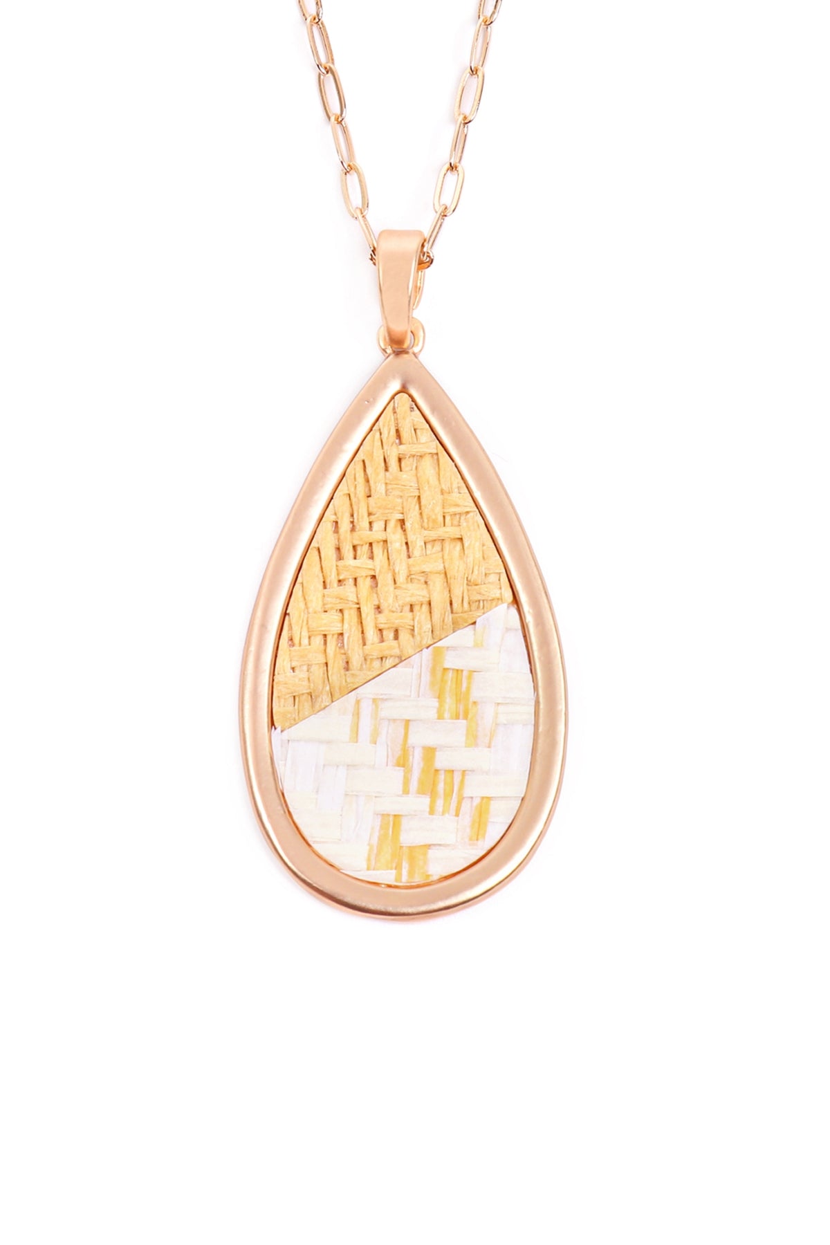 Matte Gold and White Teardrop Rattan Pendant Necklaces - Set of 6