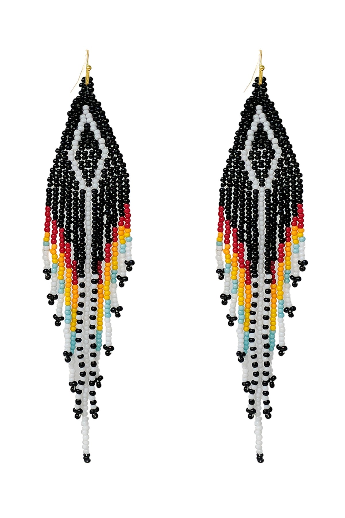 Western Aztec Bohemian Style Diamond Shape Fringe Seed Bead Earrings in Black - A Multi - Pack of Six Pieces