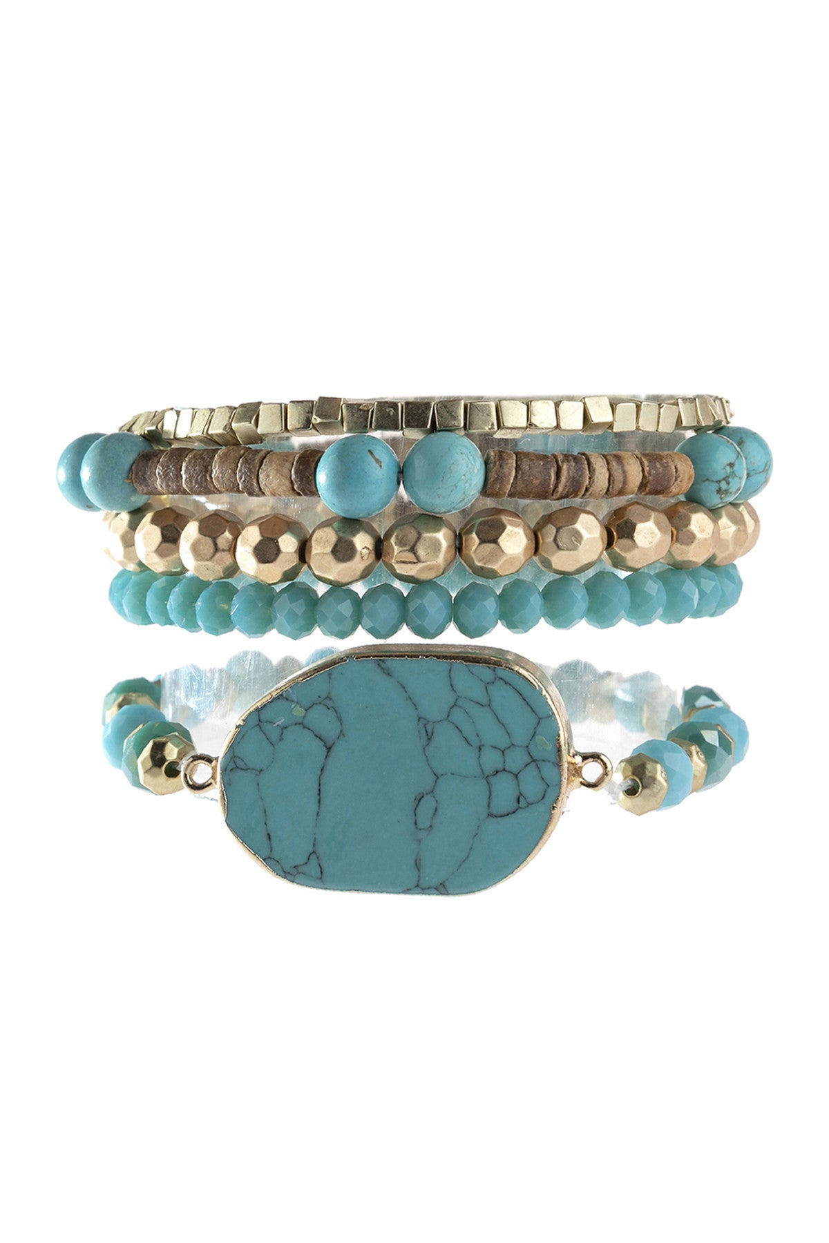 Set of 6 Turquoise Mixed Beads Bracelets Adorned with Stone Charms