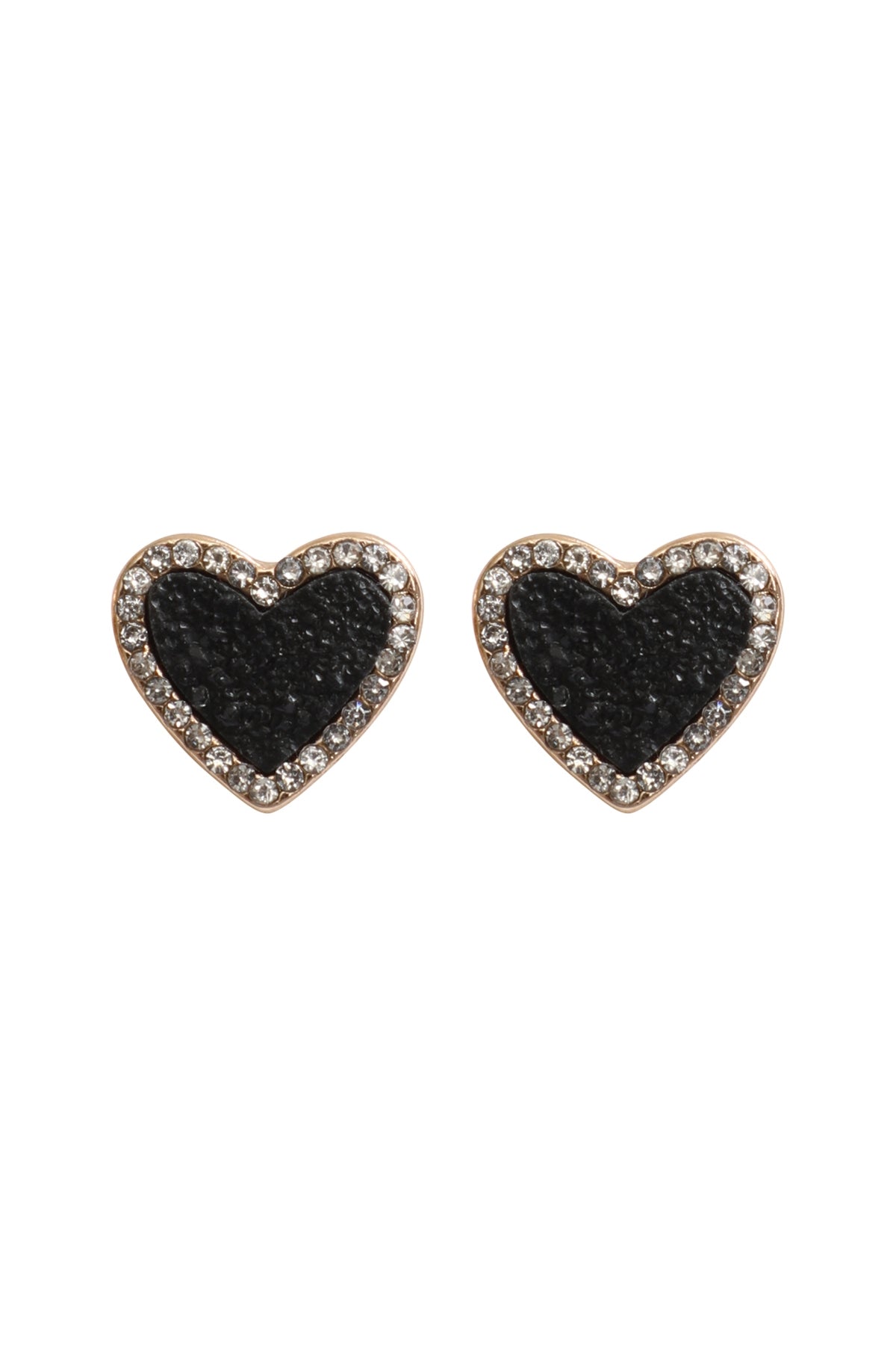 Valentine's Day Heart - Shaped Druzy and Rhinestone Stud Earrings in Black - Set of 6 Pieces