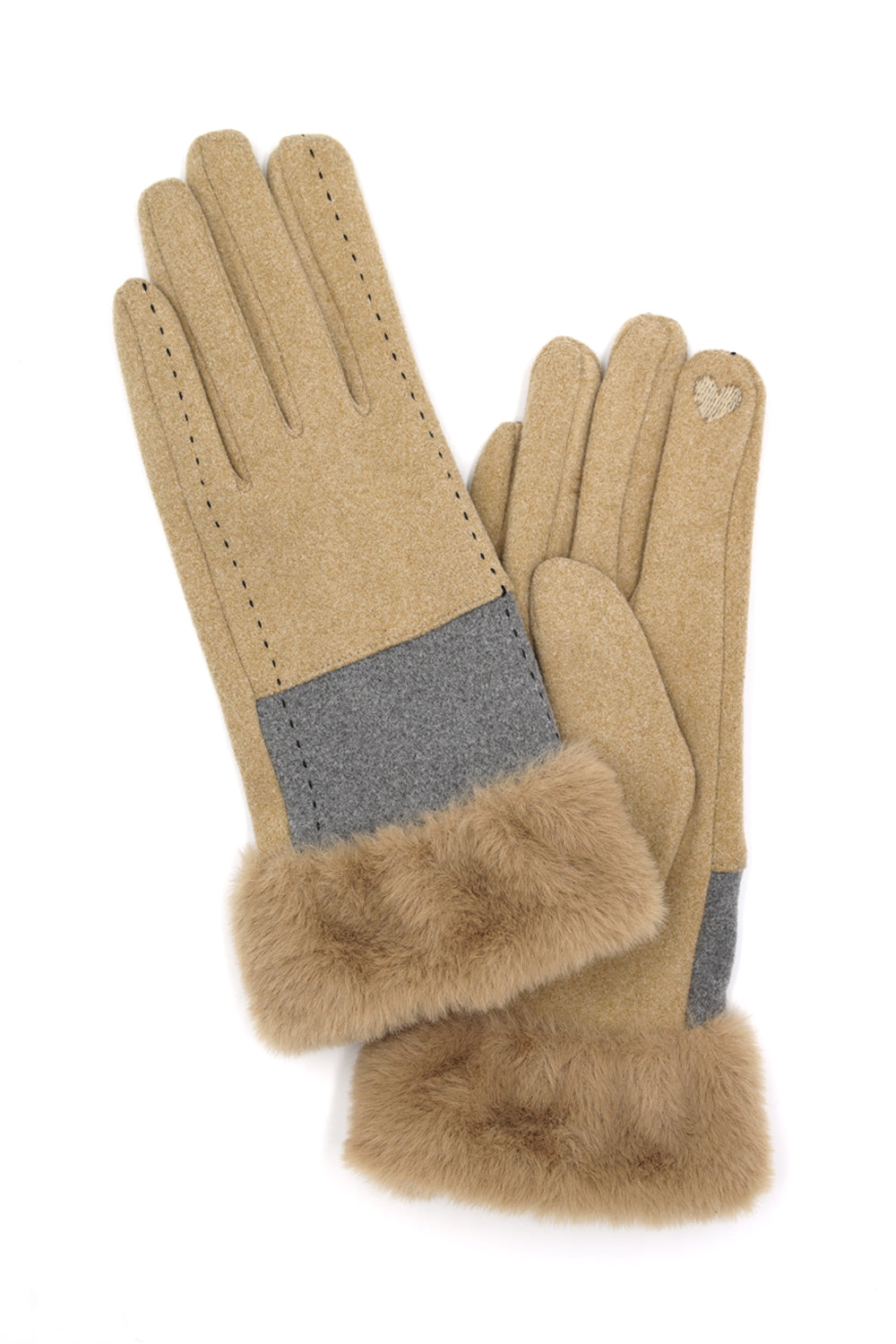 Taupe Smart Touch Faux Fur Cuff Gloves with Two - Tone and Stitch Lines - Pack of 6