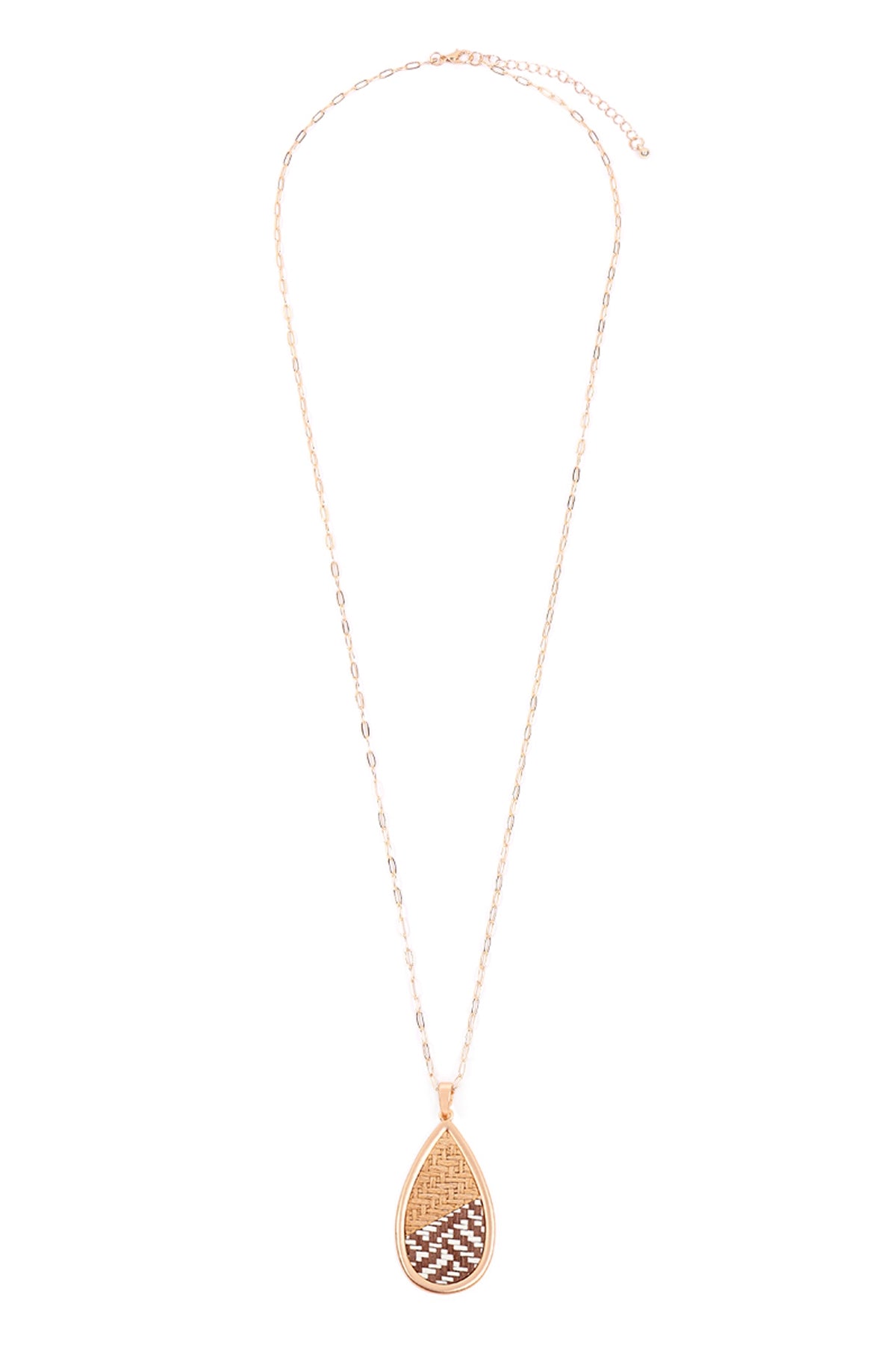 Matte Gold - Brown Teardrop - Shaped Rattan Pendant Necklaces, Set of 6
