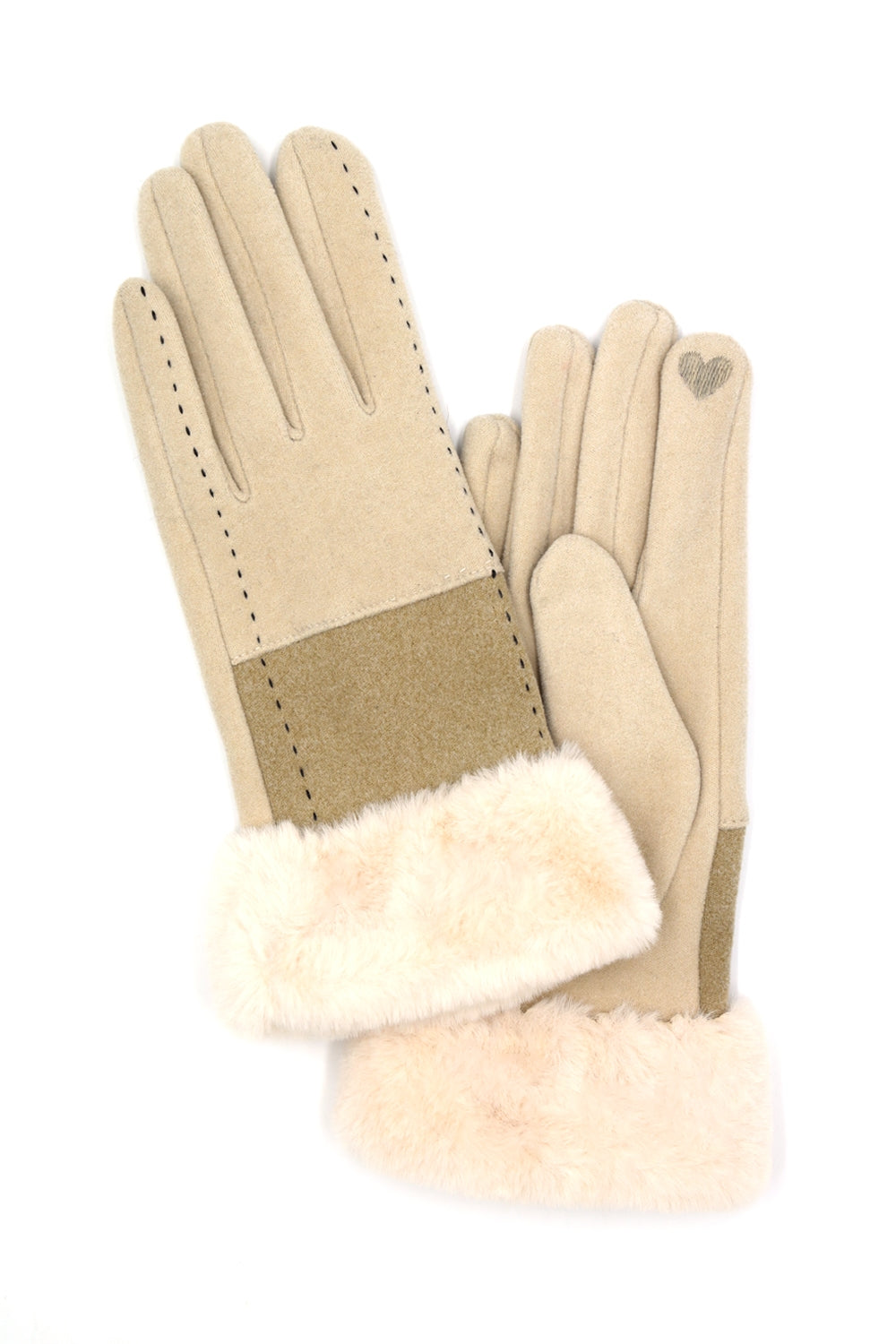 Beige Two-Tone and Stitched Lines Artificial Fur Cuff Smart Touch Gloves - Set of Six