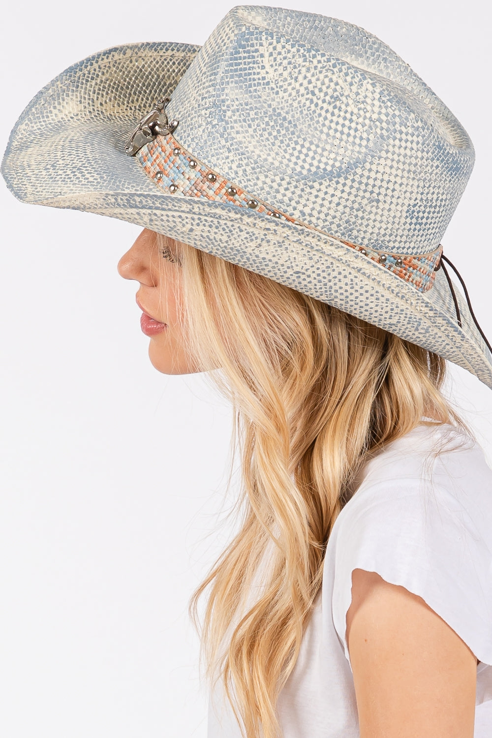 Vintage Style Cowboy Hats with Colorful Western Bull and Stud Band in Blue - Set of 6 Pieces