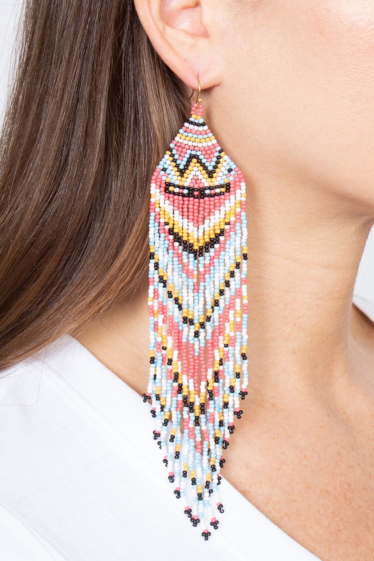 Western Style Aztec Inspired Seed Bead Fringe Drop Earrings in Multicolor - A Pack of Six Pieces