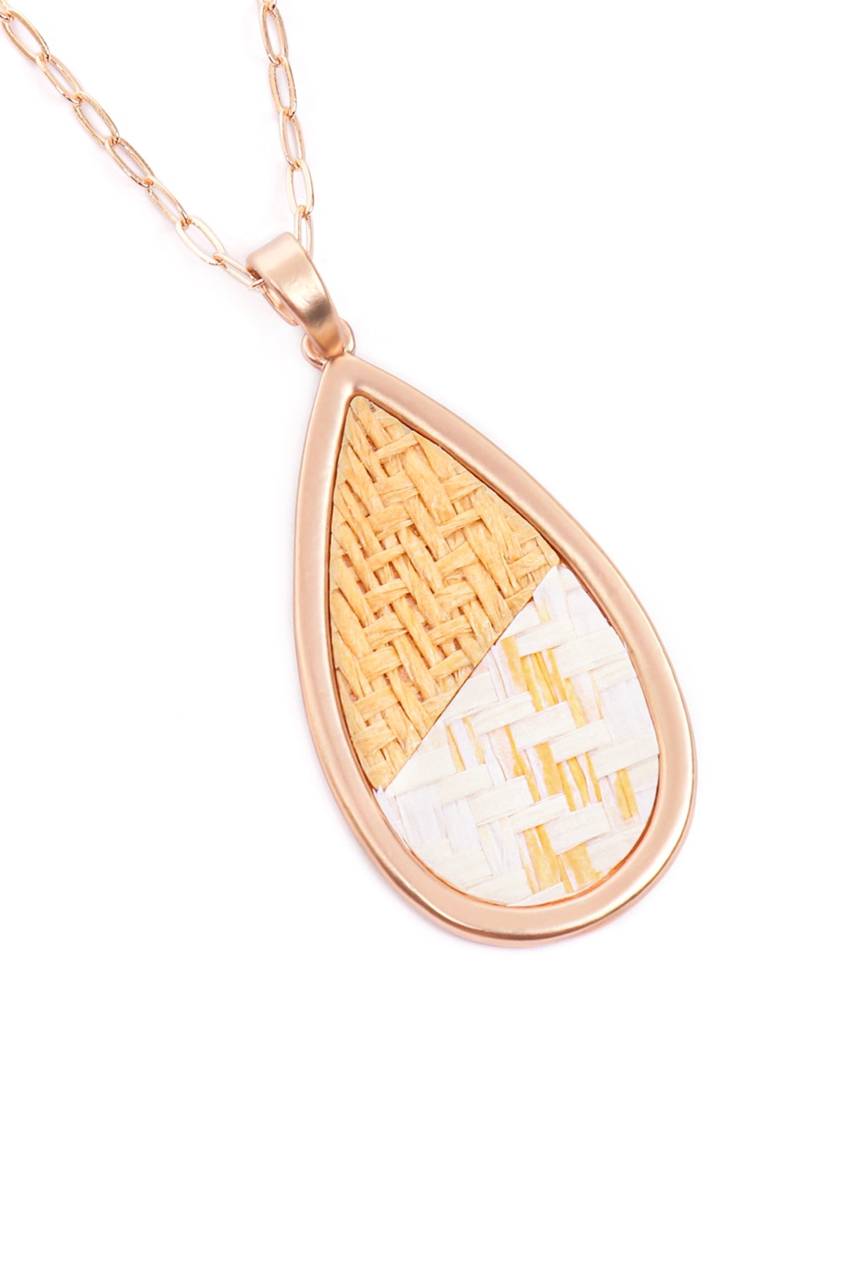 Matte Gold and White Teardrop Rattan Pendant Necklaces - Set of 6