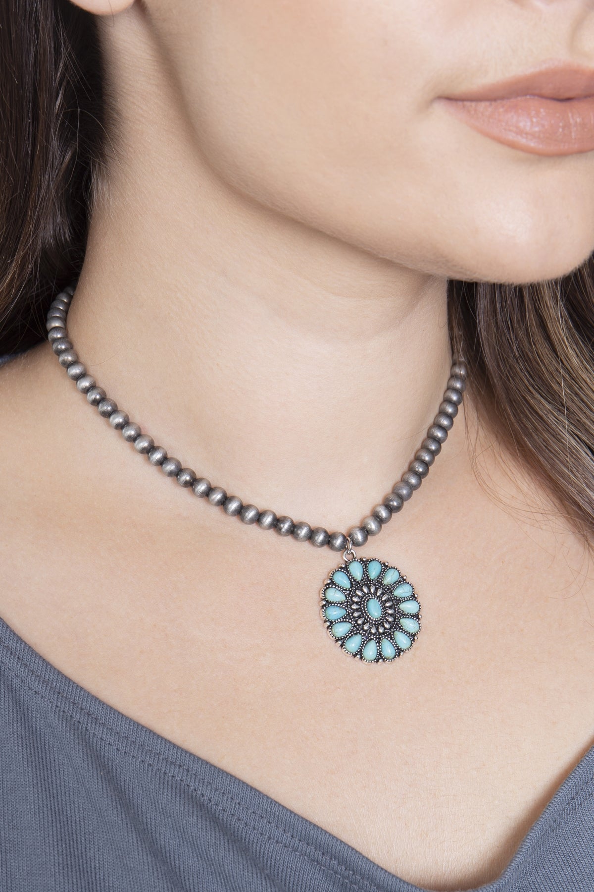 Pack of 6 Western Concho Style Natural Stone Round Burnished Turquoise Pendant Necklaces