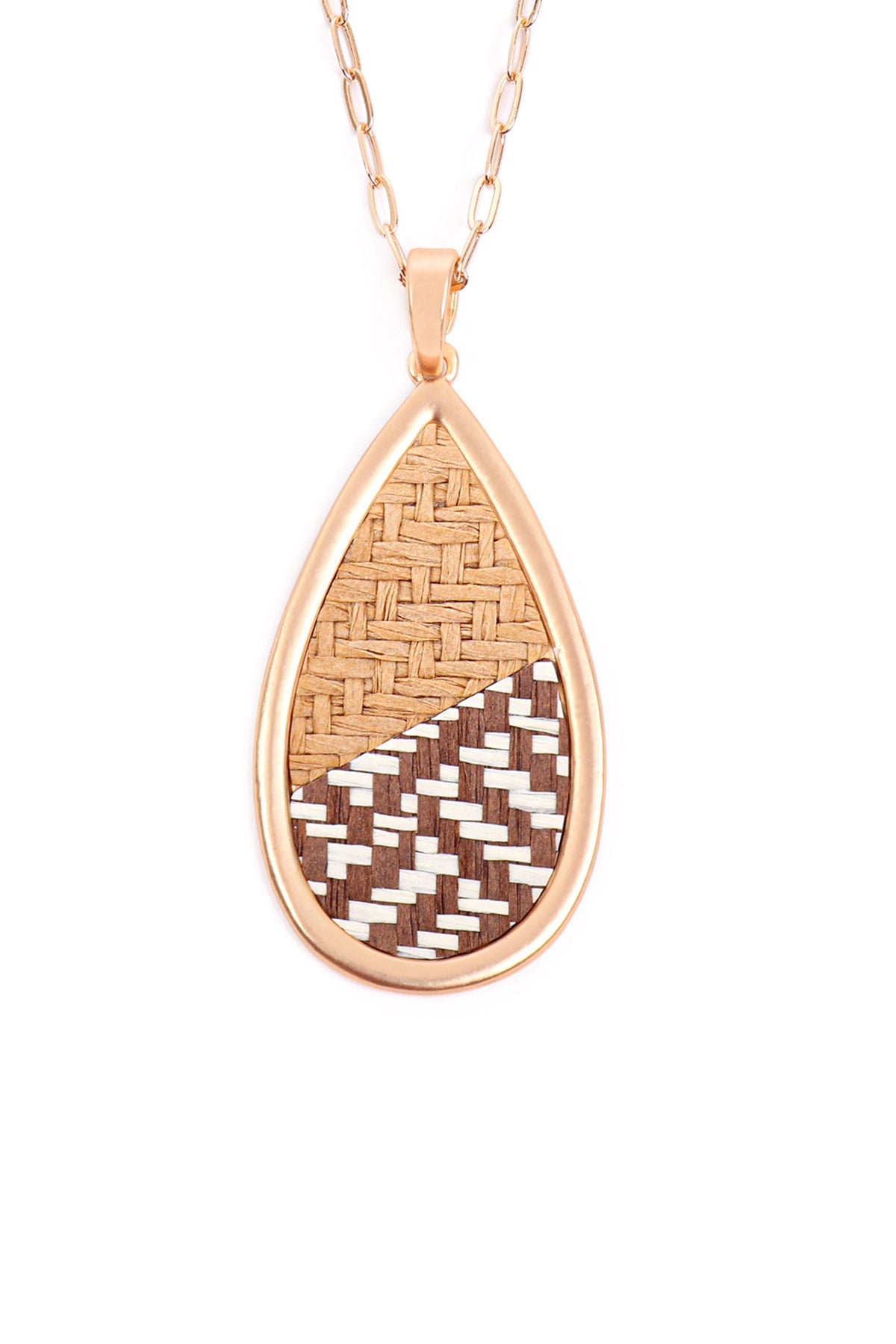 Matte Gold - Brown Teardrop - Shaped Rattan Pendant Necklaces, Set of 6