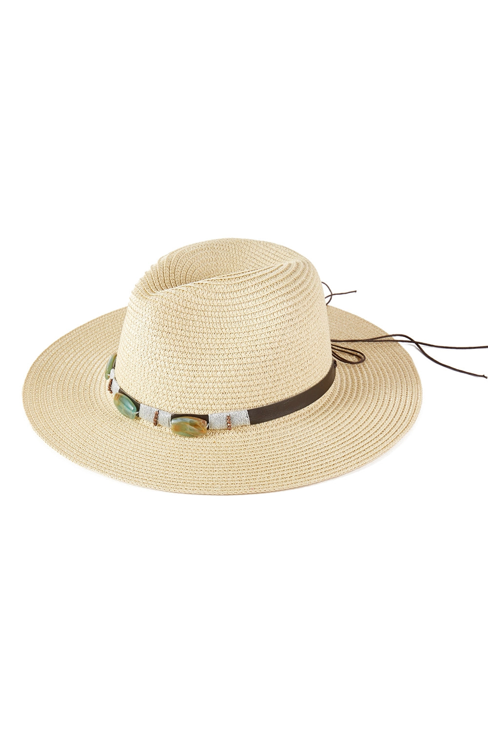 Beige Turquoise Beaded Band Straw Sun Hats - Set of 6