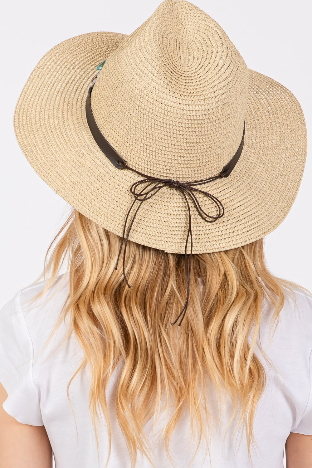 Beige Turquoise Beaded Band Straw Sun Hats - Set of 6