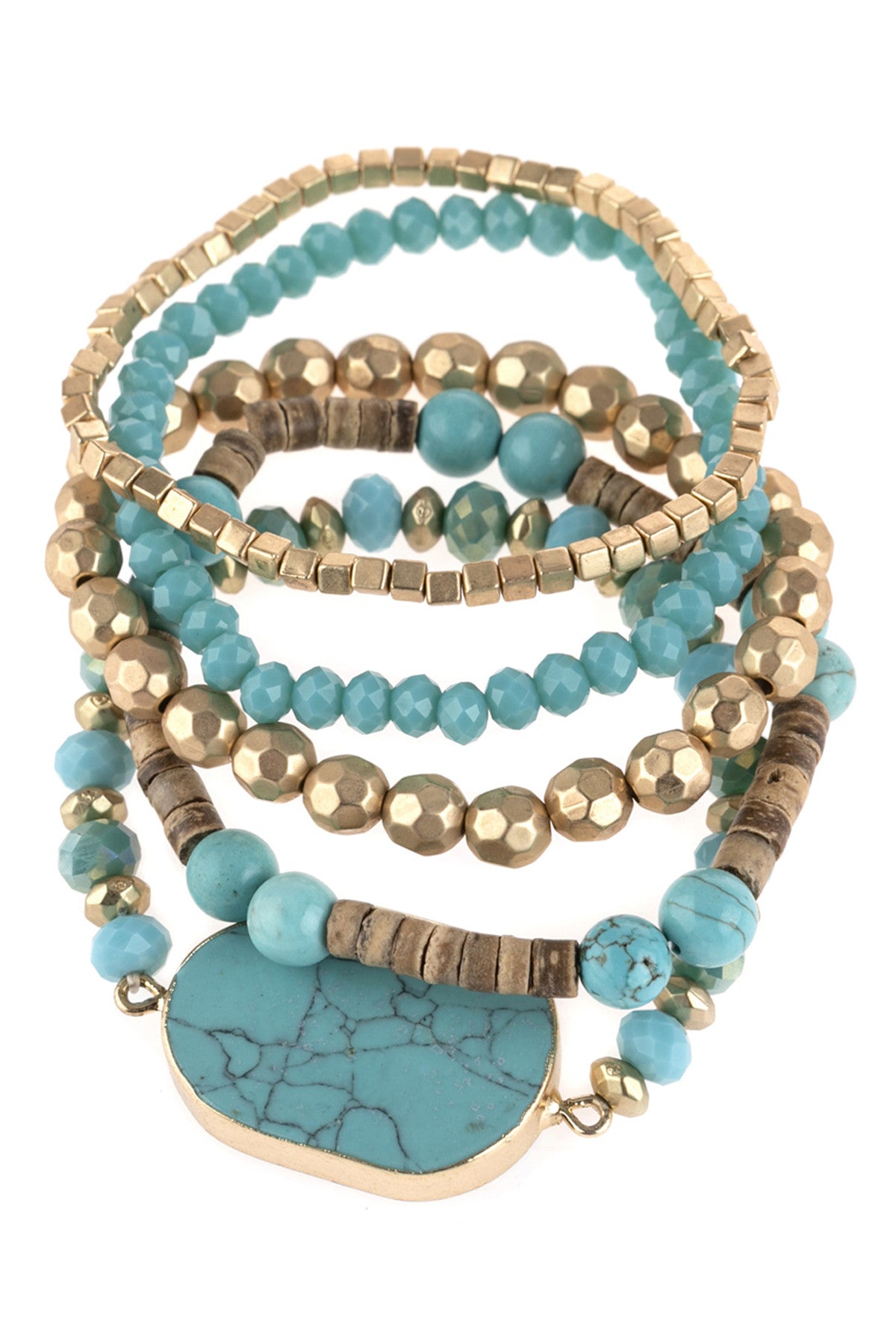 Set of 6 Turquoise Mixed Beads Bracelets Adorned with Stone Charms