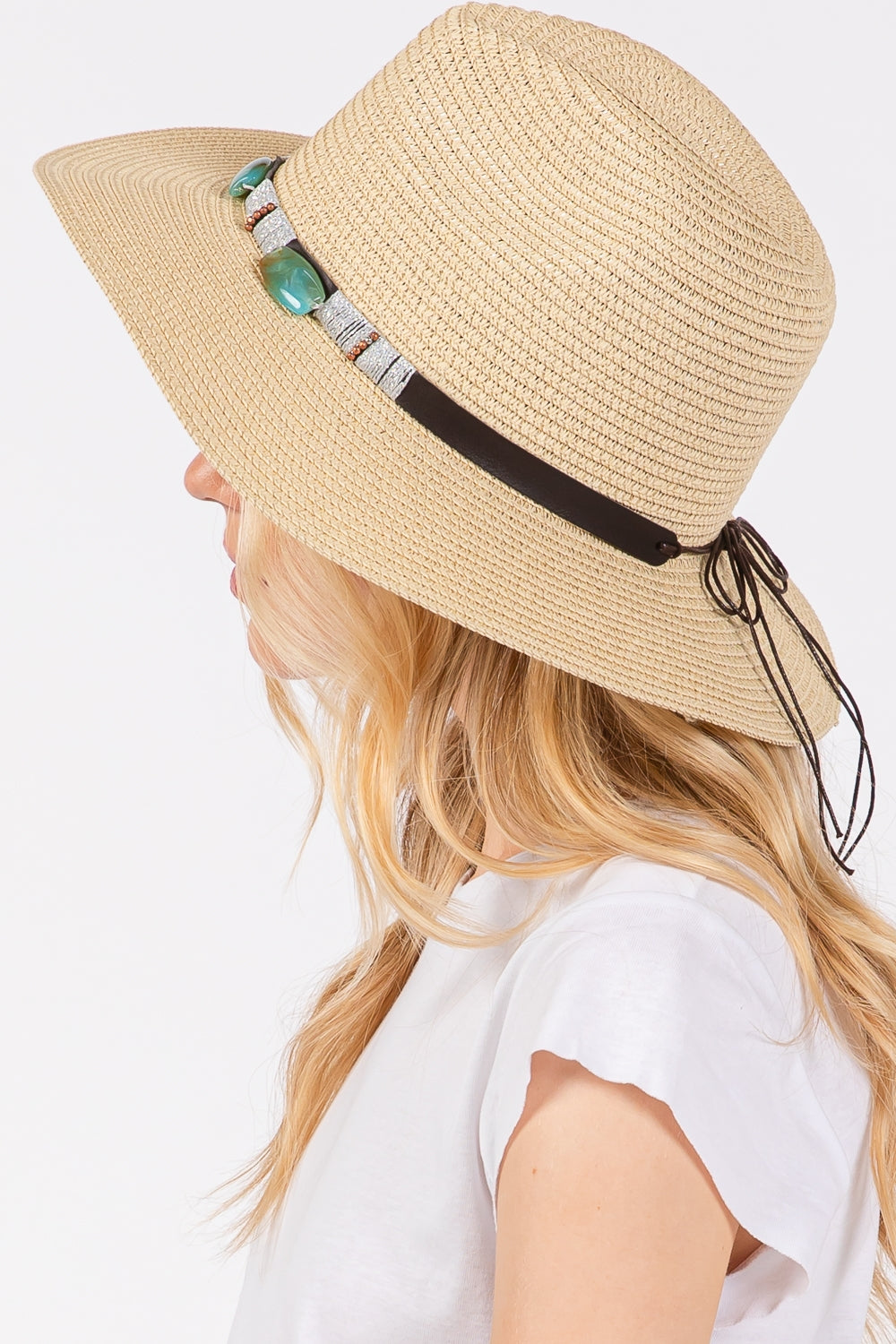 Beige Turquoise Beaded Band Straw Sun Hats - Set of 6