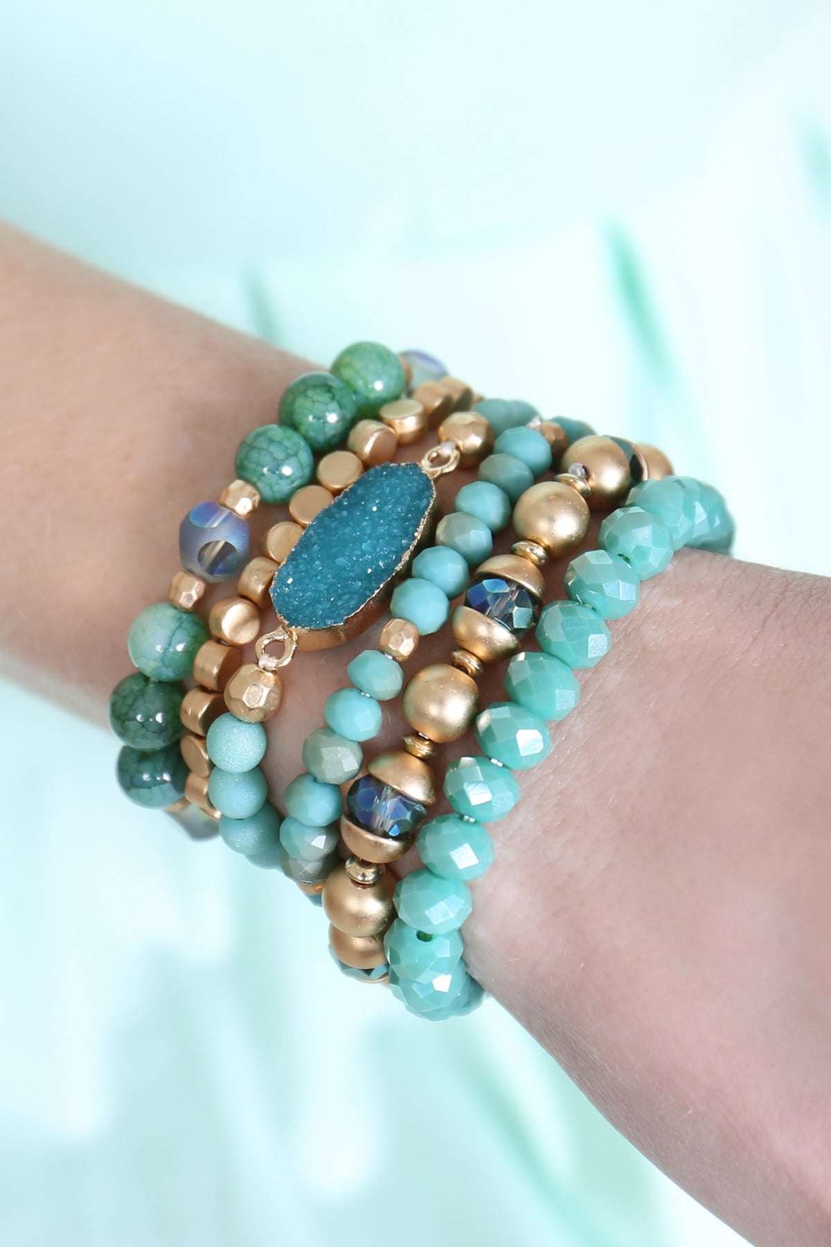 6-Piece Set of Turquoise Multi-Line Druzy Stone Charm Bracelets for Jewelry Lovers