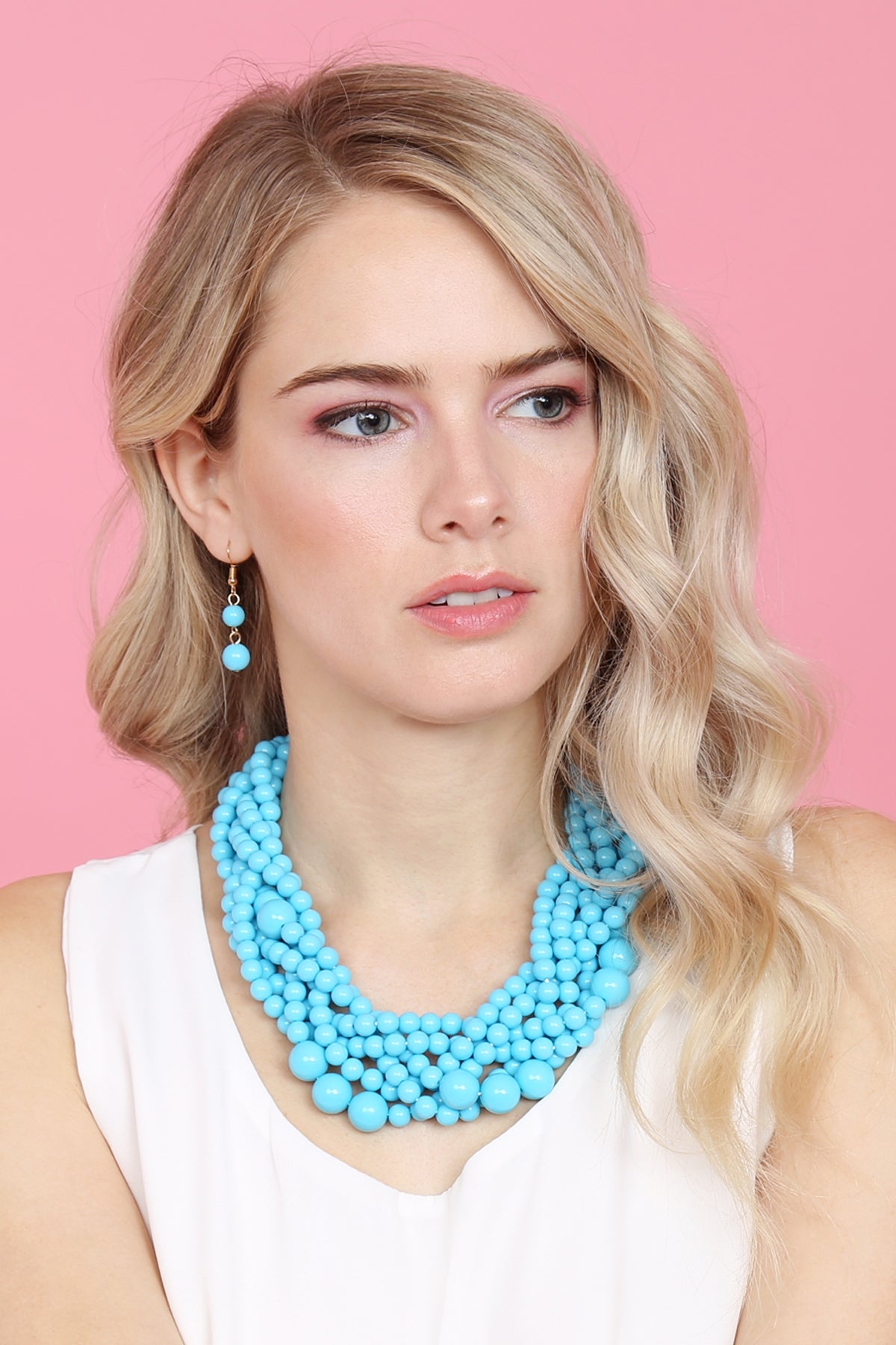 Set of 6 Turquoise Multi - Strand Bubble Style Choker Necklaces Along with Matching Earrings