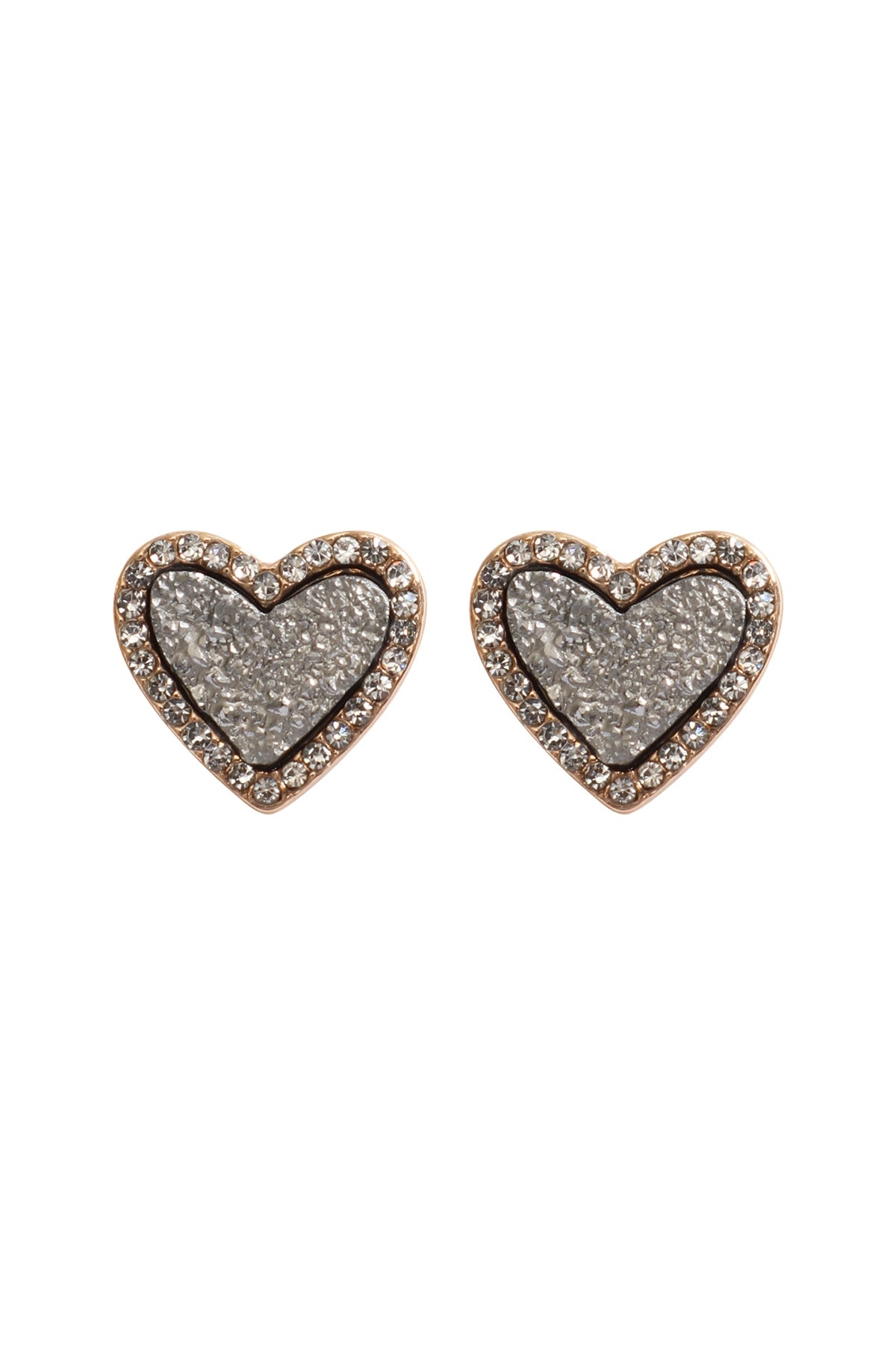Valentine's Day Heart-Shaped Druzy Earrings with Rhinestone Posts in Hematite - Set of 6 Pieces